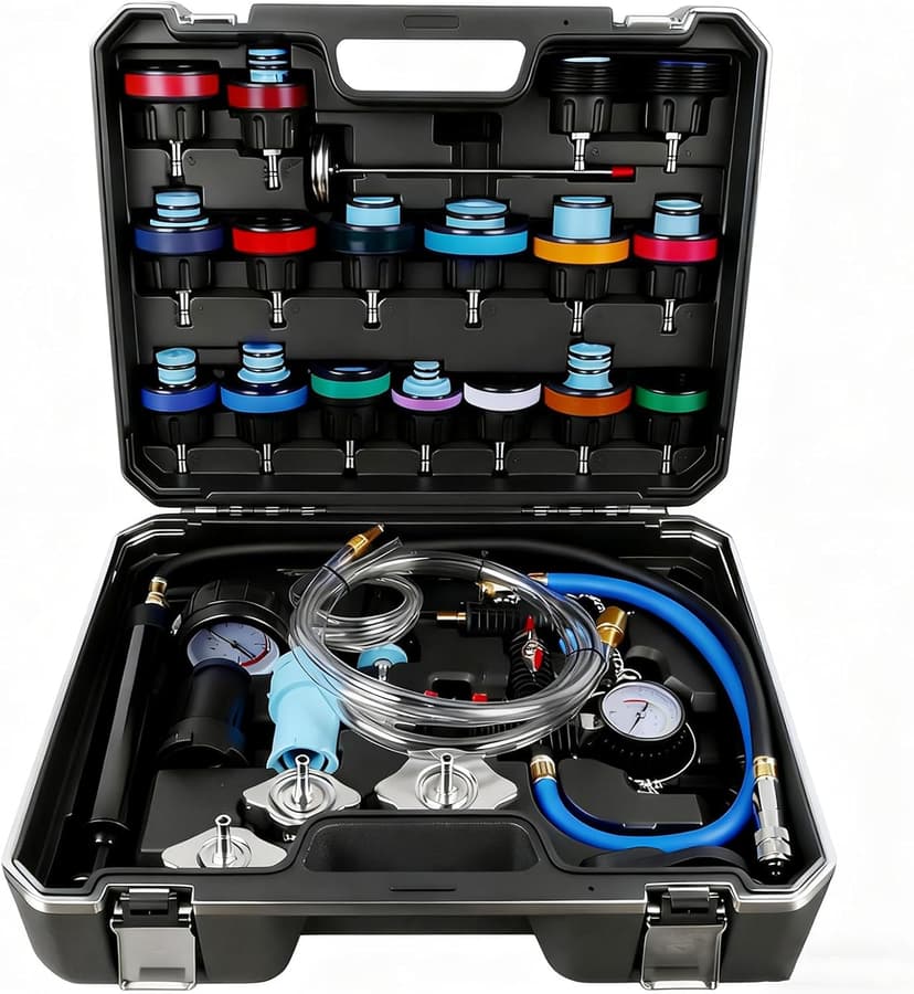 28pcs Universal Radiator Pressure Tester Kit, Tester Pneumatic Vacuum Cooling System Purge Refill Leak/Refiller Set, Universal Automotive Domestic/Import Vehicles, Motorcycle