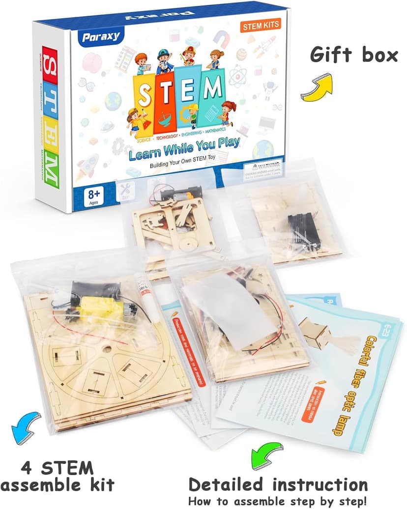 Poraxy 4 in 1 STEM Kits for Kids Age 8-10, Science STEM Projects for Kids 8-12, 3D Puzzles, Educational Craft Building Toys 8-13, Christmas Birthday Gifts for Girls Boys 6 7 8 9 10 11 12 13 Year Old