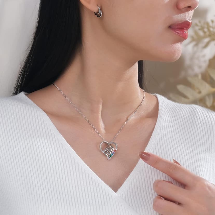 Jeweidea Personalized Heart Necklace with 2-6 Simulated Birthstones Custom Name Mother Daughter Chain Pendant for Women Mom Birthday