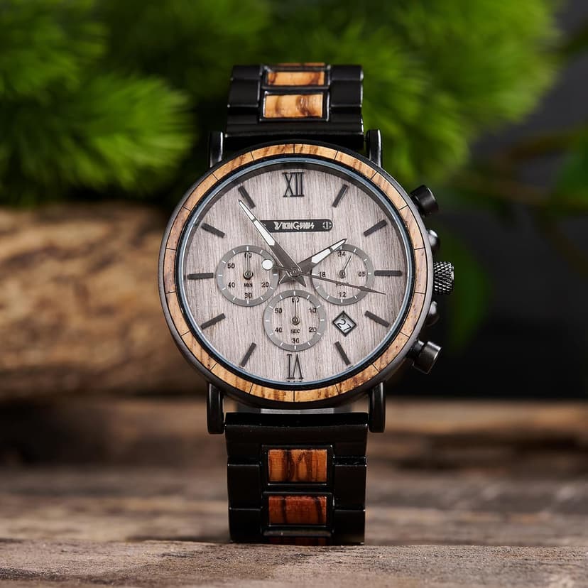 Vikingenes – Wooden Watches for Men, Engraved Wood Watch, Personalized Men's Gift, Viking Watches, Natural Wood Wristwatch, Luxury Wooden Chronograph, Custom Engraved Watch, Unique Gift for Men
