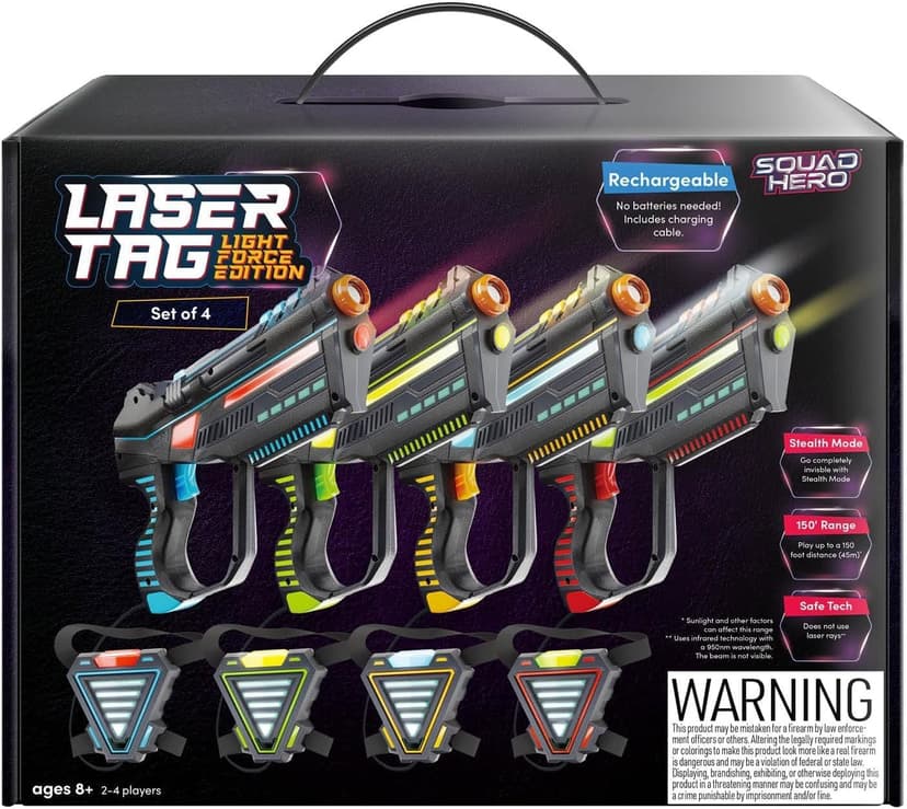 Squad Hero Rechargeable Laser Tag for Kids, Teens & Adults - Boys Gifts - Blasters & Vest Sensors - Fun Ideas Age 8+ Year Old Toys - 4 Set - Lazer Teen Boy Game Boys & Girls Outdoor Teenage Activities