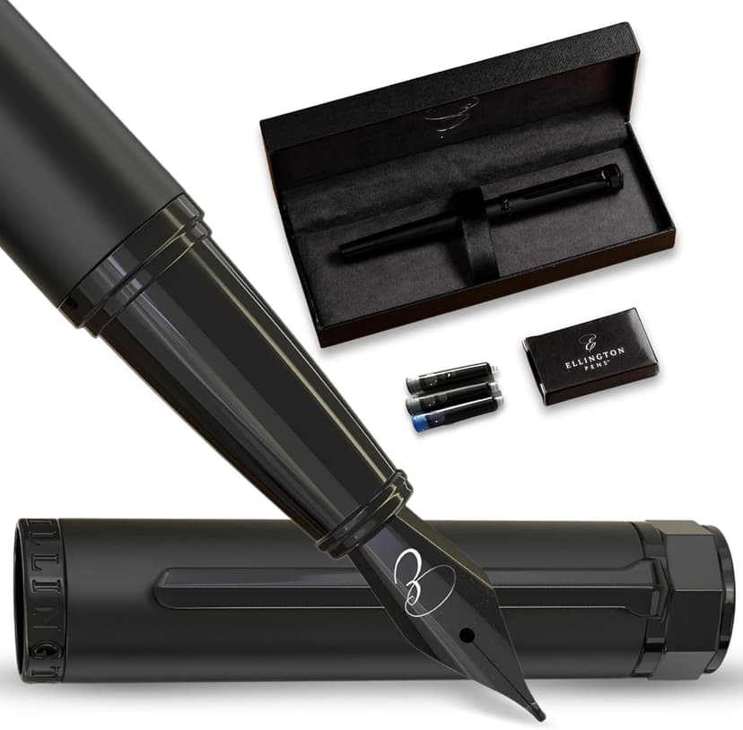 Ellington Pens Luxury Fountain Pen Set- Fountain Pens for Writing - Smooth Nib - Includes Refillable Ink Converter, 3 Ink Cartridges [Black & Blue] (Fine, The Stealth)