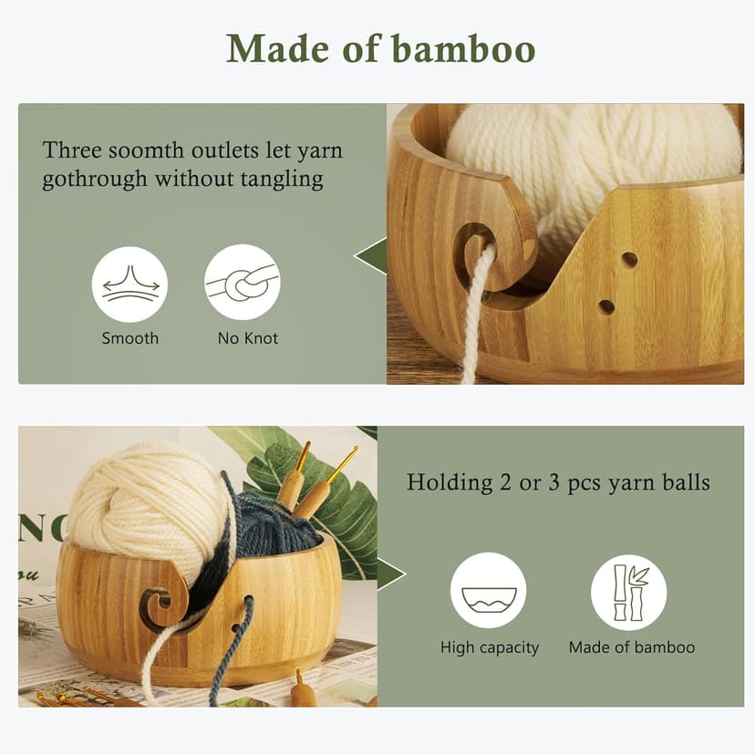 Wooden Yarn Bowl Holder, Craft Knitting Bowl with 8pcs Metal Crochet Hooks, 7.9''Large Yarn Holder Dispenser Yarn Storage Bowls, for Knitters & Crocheters (Bamboo 7.9 inch)