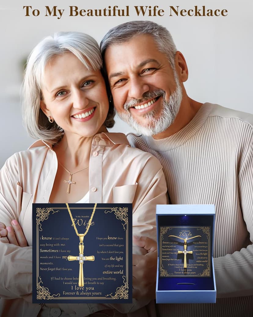 Gold Moissanite Cross Necklace for Women Wife in Light-Up Gift Box,Love Card - Women Anniversary Birthday Gifts Ideas for Wife Her Girlfriend, Christian Cross Chain Jewelry(18K Real Gold Filled)