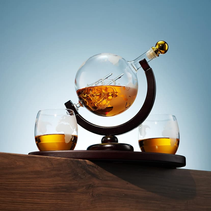 Gifts for Men, Whiskey Decanter Globe Set with 2 Etched Whiskey Glasses - for Liquor Scotch Bourbon Vodka, Gifts For Dad - 850ml
