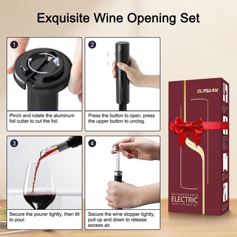 Electric Wine Opener Set by ELMWAY - Rechargeable Wine Bottle Opener & Corkscrew with Foil Cutter / 4 x Vacuum Stoppers/Premium Wine Aerator Pourer, Ideal Wine Gifts for Wine Lovers - Black