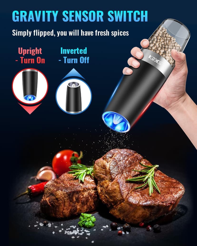 XinXu Gravity Electric Pepper and Salt Grinder Set, Adjustable Coarseness, Battery Powered with LED Light, One Hand Automatic Operation, 2 Pack/Black
