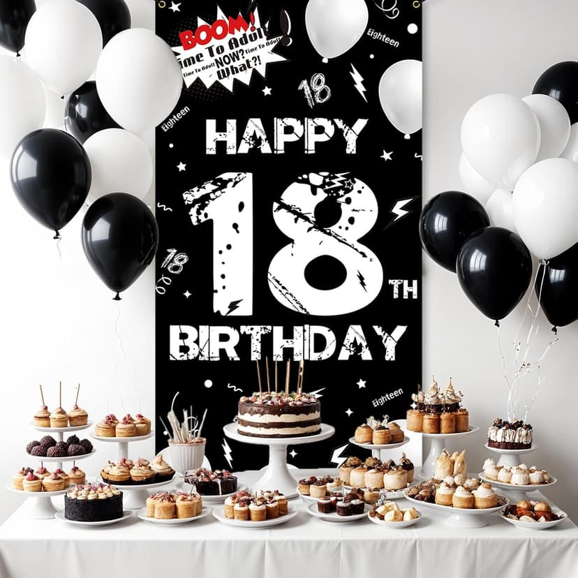 Fabric 18th Birthday Backdrop Banner Black White, Happy 18th Birthday Decoration for Men Women, 18 Year Old Birthday Party Yard Sign Photo Props Door Decor Supplies for Outdoor Indoor