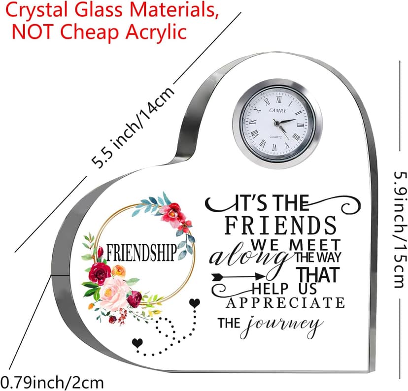Movdyka Friendship Gifts for Women Friends Crystal Heart 5.9Inch Large Flower Glass with Clock Unique Best Gifts for Women Her Friend Plaque Birthday Gift Idea for Friend Female Presents