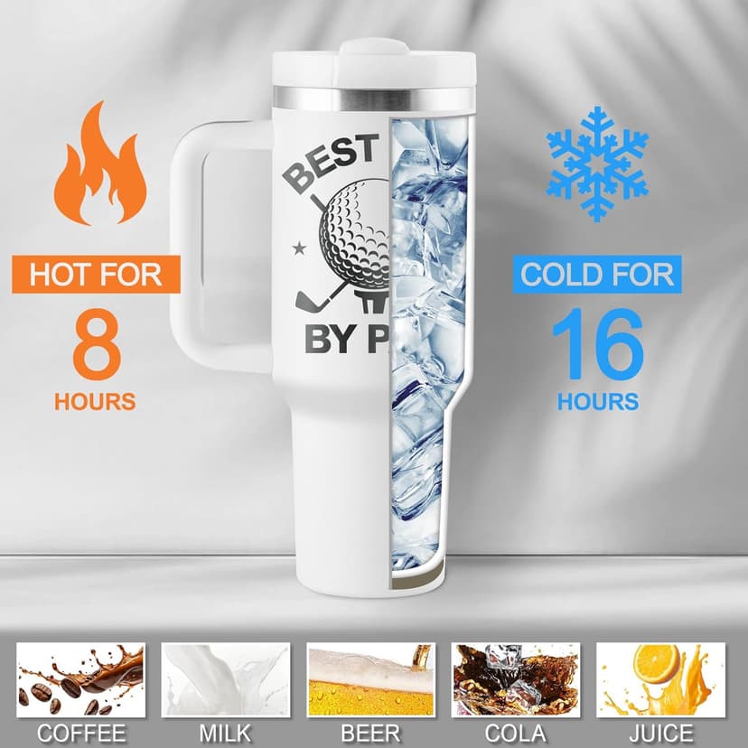 Golf Gifts for Dad - Fathers Day Golf Gifts for Men - Funny Golfer Gift Ideas for Him - Best Dad By Par - 40oz Travel Cup Insulated Tumbler with Handle & Straw