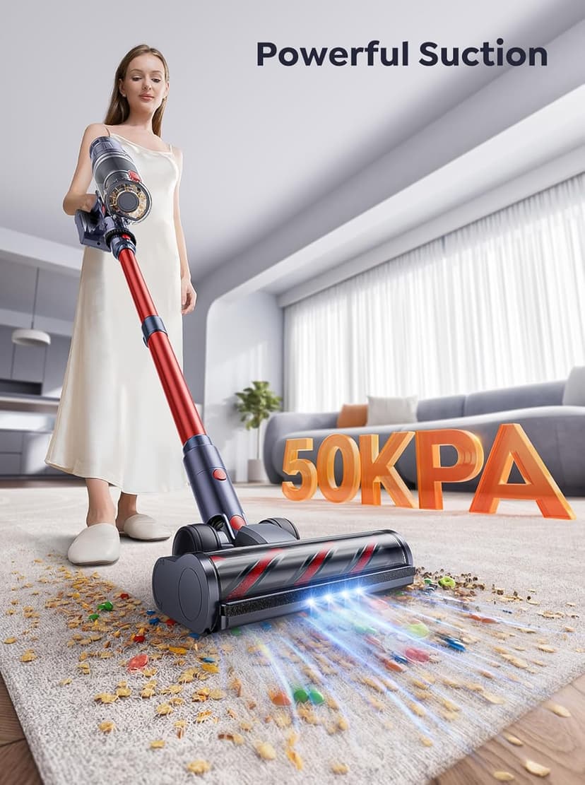Cordless Vacuum Cleaner, 600W 50Kpa 65Mins Vacuum Cleaners for Home, Self-Standing Stick Vacuum with Touch Screen & Wall Charging Station for Hard Floor Carpet Pet