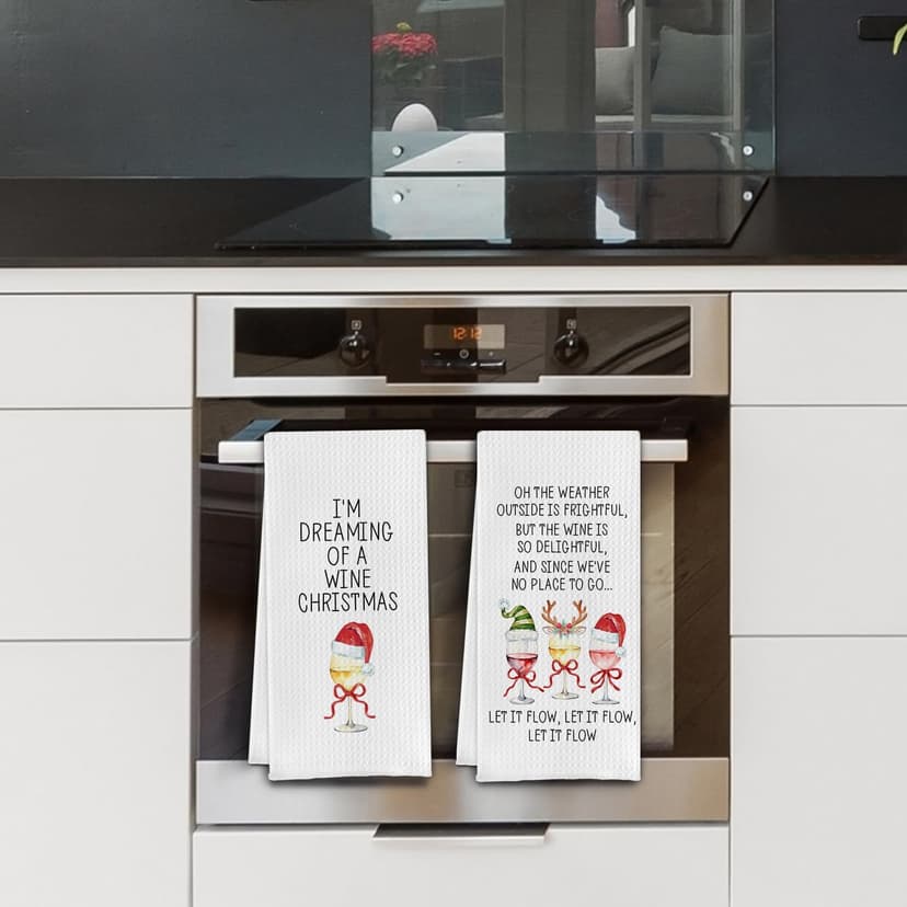 Funny Christmas Wine Kitchen Towels, Gifts for Wine Lovers Dish Tea Towels for Kitchen Bar Cart Decor, Winter Holiday Xmas Wines Decorative Hand Towel, 16x24 Inch Set of 2