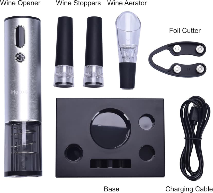 Electric Wine Opener with Wine Accessories -Rechargeable Wine Bottle Opener Set with Base, Wine Aerator, Foil Cutter and Wine Stoppers- Perfect Wine Gifts for Wine Lovers