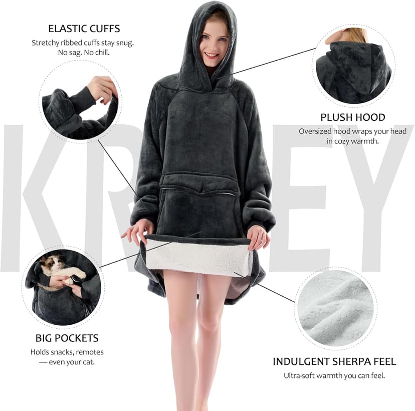 Krifey Wearable Blanket Hoodie, Oversized Sherpa Hooded as Birthday Gifts Christmas Gifts for Mom Women Girlfriend Men, Cozy Sweatshirt with Giant Pocket