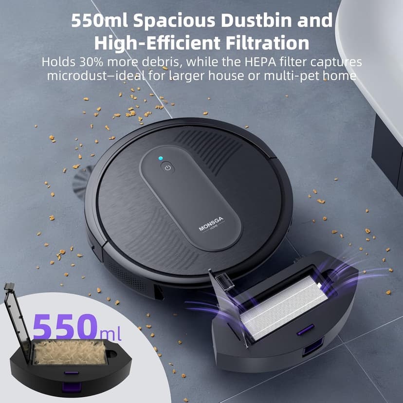 MONSGA Robot Vacuum Cleaner, 4000Pa Powerful Suction Robotic Vacuum, 3.2" Super-Slim, 140Min Runtime, Vacuum Robot for Hard Floor/Low Pile Carpet/Pet Hair, Remote/App/Voice Control, Schedule Clean