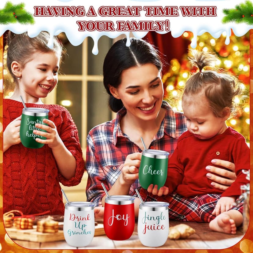 12 Pcs Christmas Wine Tumbler Set, 12 Oz Stainless Steel Double Wall Vacuum Insulated Coffee Mug Stemless Xmas Wine Glasses With Lid Straw Brushes for Women Friends Men Travel Gifts (Texts)