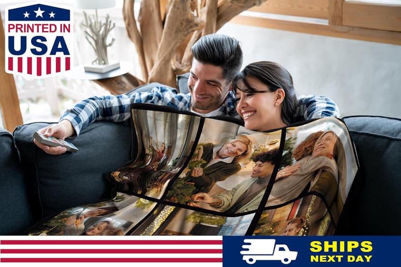 Yoke Style Ships Next Day, Custom Blanket with Picture, Personalized Throw Photo Blankets Customized Photo Gifts for Mom Dad Women Family - 9 Photos
