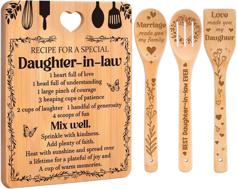 Gifts for Daughter in Law - "Recipe for a Special Daughter-in-Law" Daughter in Law Birthday Gifts Cutting Board Set, Bamboo-Made Engraved Utensil Set Christmas Gifts for Daughter in Law