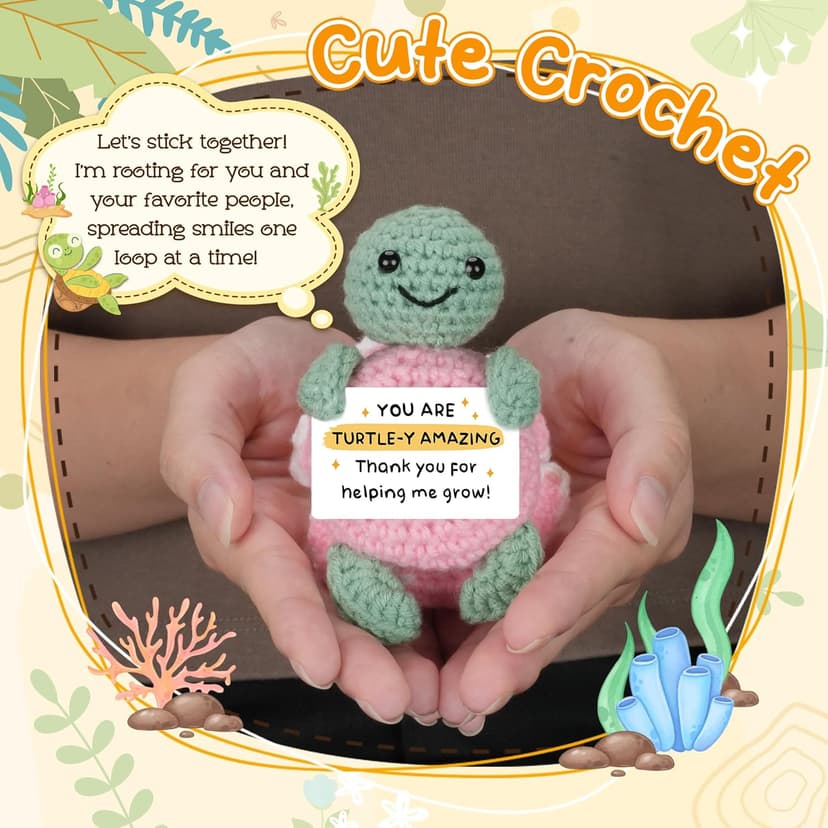 HEXMOZ Christmas Teachers Gifts for Women, Daycare, Preschool, Kindergarten - Thank You for Helping Me Grow Appreciation Gift Ideas - Cute Handmade Turtle Crochet Emotional Support with Positive Card