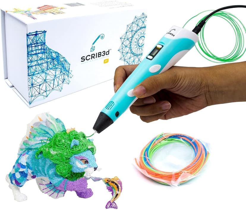 SCRIB3D P1 3D Printing Pen with Display - Includes 3D Pen, 3 Starter Colors of PLA Filament, Stencil Book + Project Guide, and Power adapter
