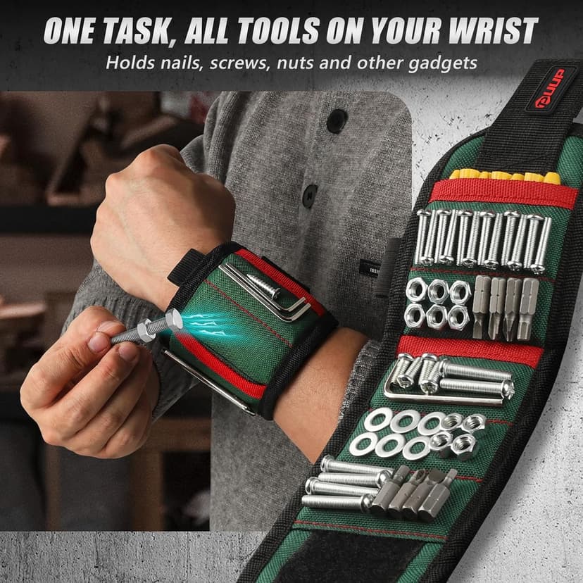 Magnetic Wristband with LED Light, Stocking Stuffers for Men, Christmas Gifts for Men, Dad, Him, Mechanics, Woodworker, Handyman, Magnet Tool Belt Wrist Band, Adjustable Wrist Screws Holder