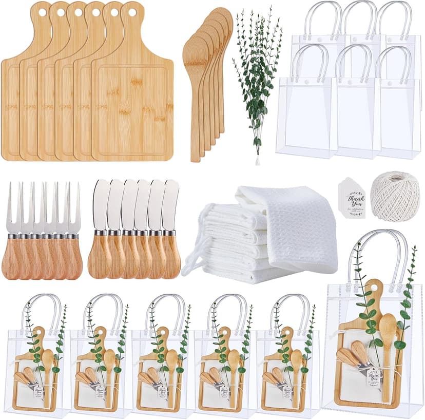 55Pcs Baby Shower Prizes for Game Winners 6 Sets Bamboo Cheese Board Spoon Fork Butter Spreaders Plaid Towel Thank You Card and Gift Bags for Baby Shower Wedding Bridal Shower Favors