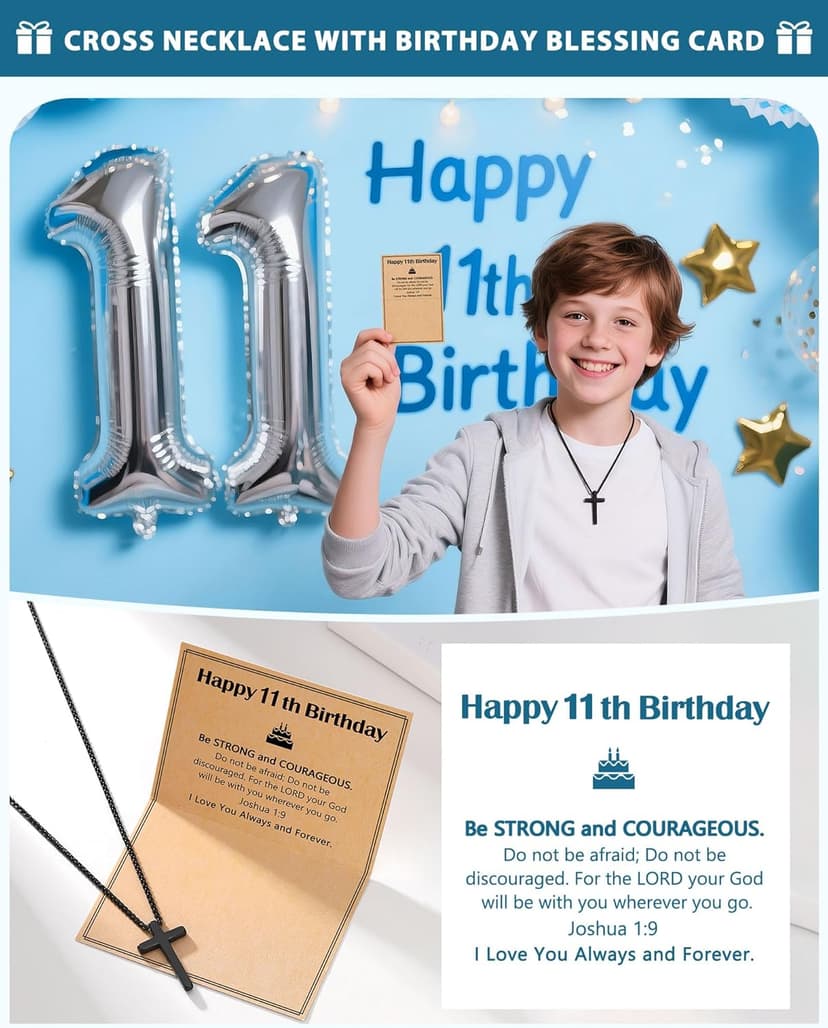 Happy Birthday Gifts for Boys 8-18 Years Old, Black Cross Necklace with Bible Verse Joshua 1:9 for Son, Grandson, Nephew, Friend