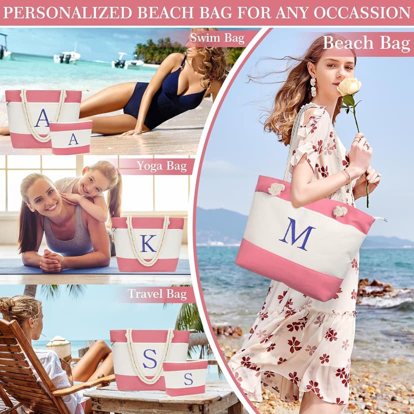 YOOLIFE Beach Bags for Women - Initial Canvas Tote Waterproof Bag with Makeup Bag Gifts for Women Mom Friend Birthday Her