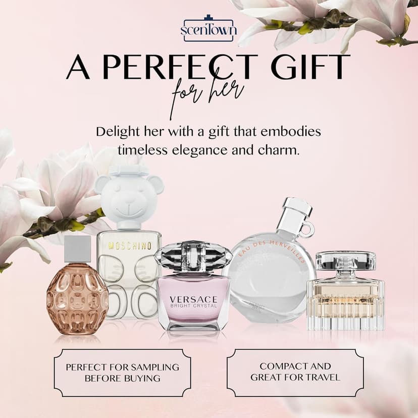 Scentown Mini Perfumes for Women (Giftset Bundle of 5) – Designer Perfume Samples for Women Packed in an Elegant Gift Box – Bundle Includes Moschino, Jimmy Choo, Chloé, Hermes & Versace