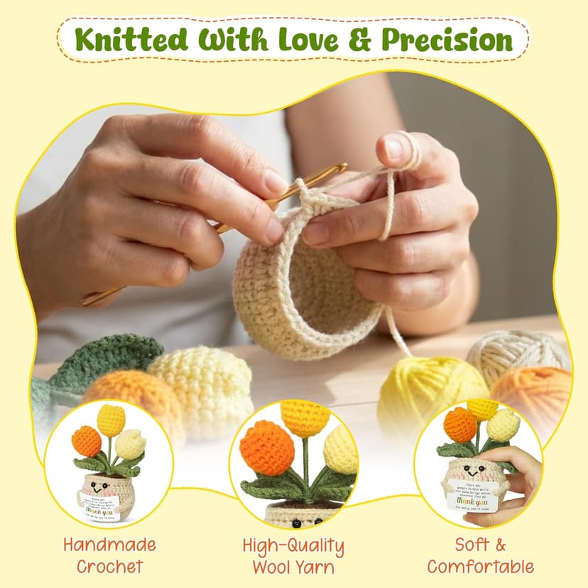 OASSIE Thank You Gifts for Women - Mini Handmade Positive Tulip Flowers Crochet with Message Card - Christmas Birthday Farewell Employee Appreciation Gifts for Coworkers, Emotional Support Crochet