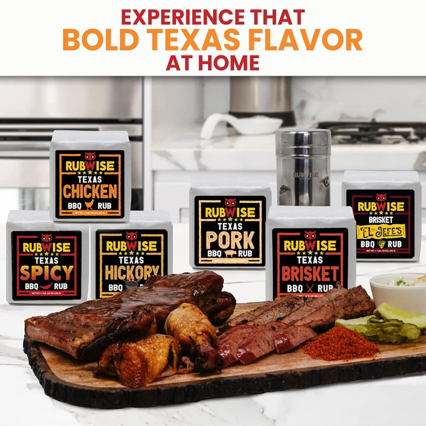 RubWise Texas Style BBQ Rub Gift Set (6 x 1 lb bags) | Meat Spice and Seasoning Variety Pack | Smoking & Grilling Gifts for Men | Brisket Rubs, Chicken, Pork, Hickory, Spicy, El Jefe | Shaker Included