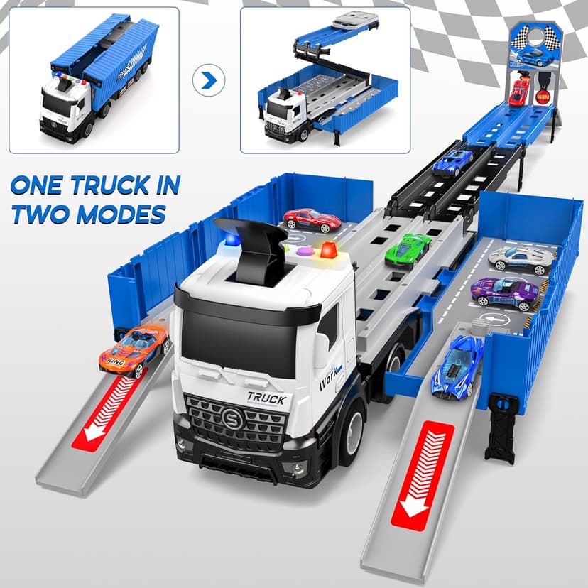 Carrier Truck Race Track Toddlers Toys, Foldable 3 Layer Track Playset, Toy Truck Transport Car Carrier & 8 Race Cars, Truck Car Kids Toys Xmas Gifts for Age 3 4 5 6+ Years Old Boys Girls