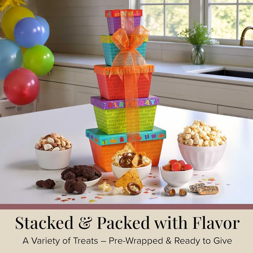 Broadway Basketeers Birthday Gift Basket Tower – Snack Boxes with Gourmet Cookies, Chocolates & Popcorn – Happy Birthday Gifts for Women, Mom, Sister, Friends & Coworkers