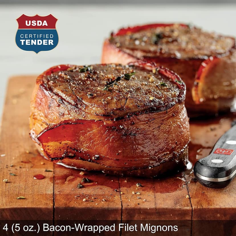 Omaha Steaks Deluxe Gift Package (4 Bacon-Wrapped Filet Mignons, 4 Steak Burgers, 4 Gourmet Jumbo Franks, 4 Potatoes au Gratin, 4 Caramel Apple Tartlets, 1 jar Omaha Steaks Seasoning)