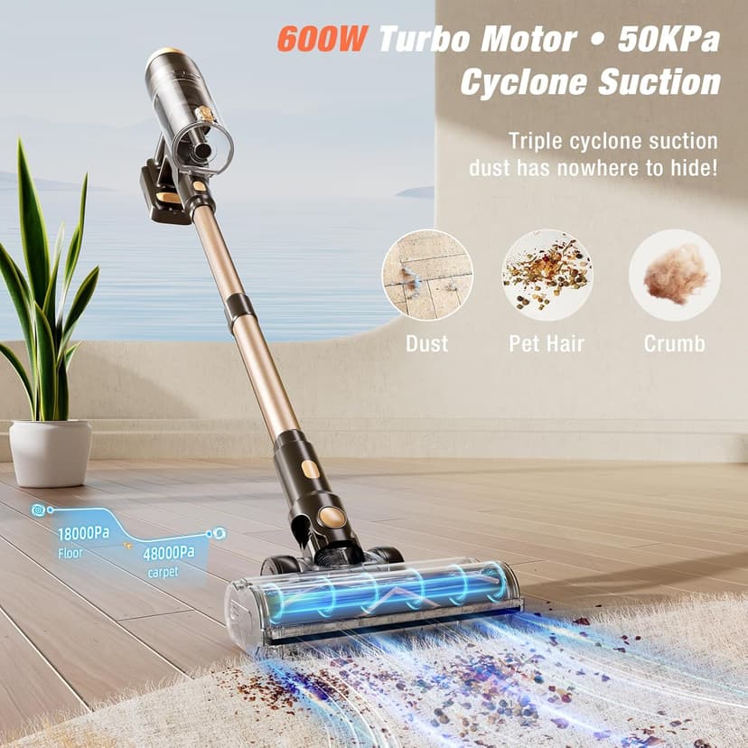 Cordless Vacuum Cleaner, 580W 48KPA 70 Mins Vacuum Cleaners for Home, Self-Standing Stick Vacuum with Touch Screen, Wall Mount Charge, Ultra High-Power Brush for Pet Hair/Plush Carpet/All Floor