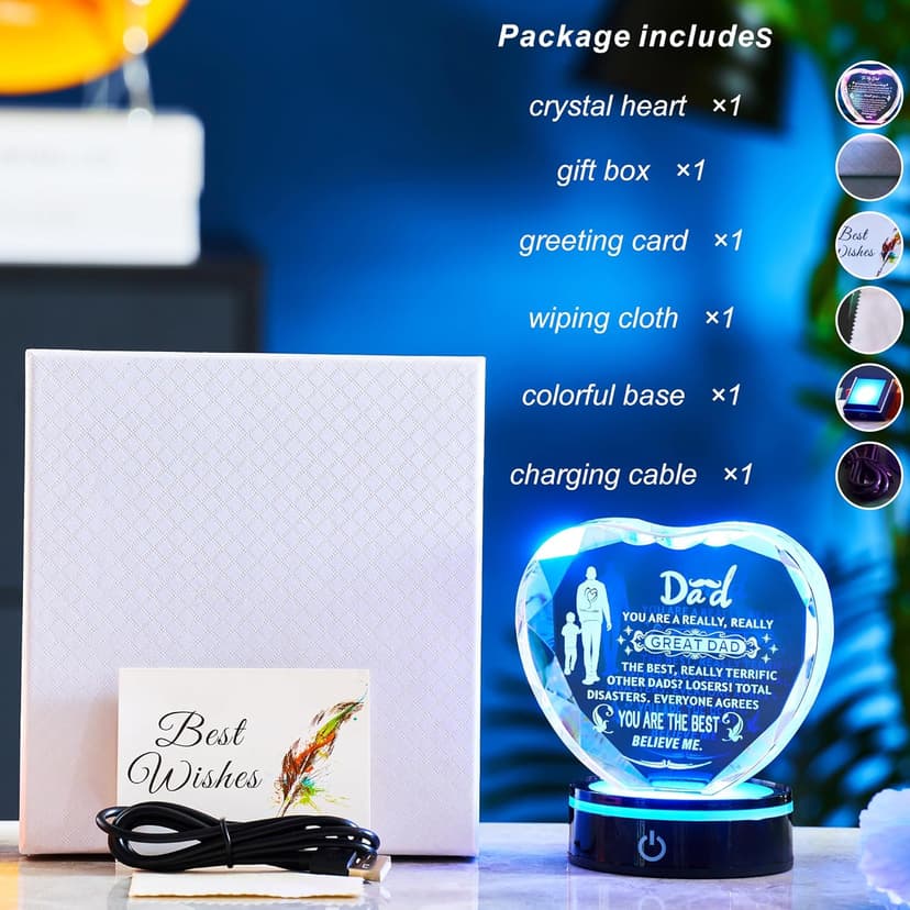 Inspiring Laser Engraved Heart-Shaped Crystal lamp, a Gift for The Best dad, a Gift for Children to give to Fathers, preparing for Dad's Birthday, Father's Day, Christmas, and Valentine's Day