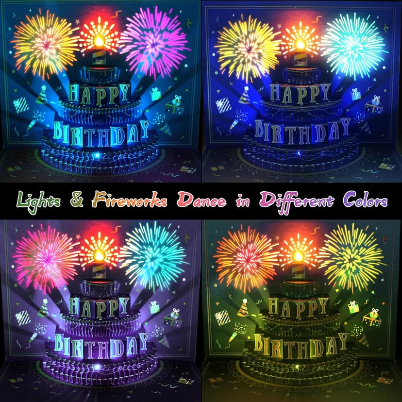 UPGRADED 3D Pop Up Firework Birthday Cards, Musical LED Lights Birthday Cards with Blowable Birthday Cake, Greeting Cards, Birthday Gifts for Mom Women Men Kids Child Dad Father Wife