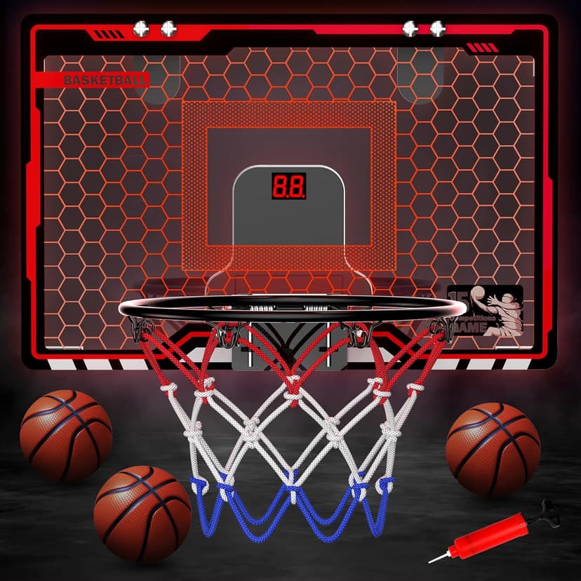 HopeRock Indoor Basketball Hoop for Kids, Over The Door Mini Basketball Hoops, with LED Light, Scoreboard, Birthday Toys Gifts for 5 6 7 8 9 10 11 12+ Year Old Boys