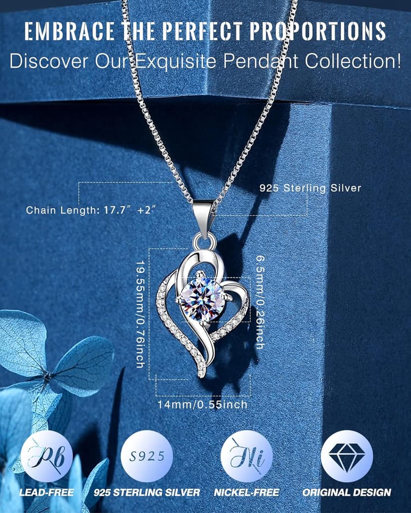 Wedding Anniversary Jewelry Gift for Wife from Husband, Wife Birthday Gift Idea, 1 Carat Moissanite Diamond Pendant Necklace in 925 Sterling Silver with 2 Chains, Romantic and Elegant Present for Her