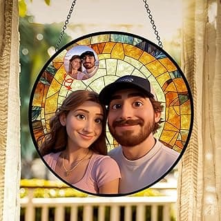 Personalized Couple Glass Cartoon Portrait Suncatcher, Custom Photo Art Window Hanging, Stained Glass Style Gift for Couples, Anniversary Wedding Gift for Valentine