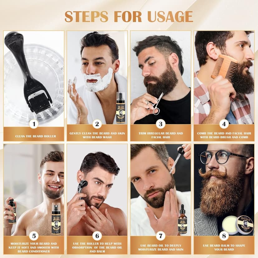 Beard Growth Kit, Grooming Set w/Growth Oil, Conditioner, Balm, Shampoo Wash, 0.25MM Roller, Brush, Comb, Scissor, Bag, Christmas Birthday Valentines Day Gifts for Him Men