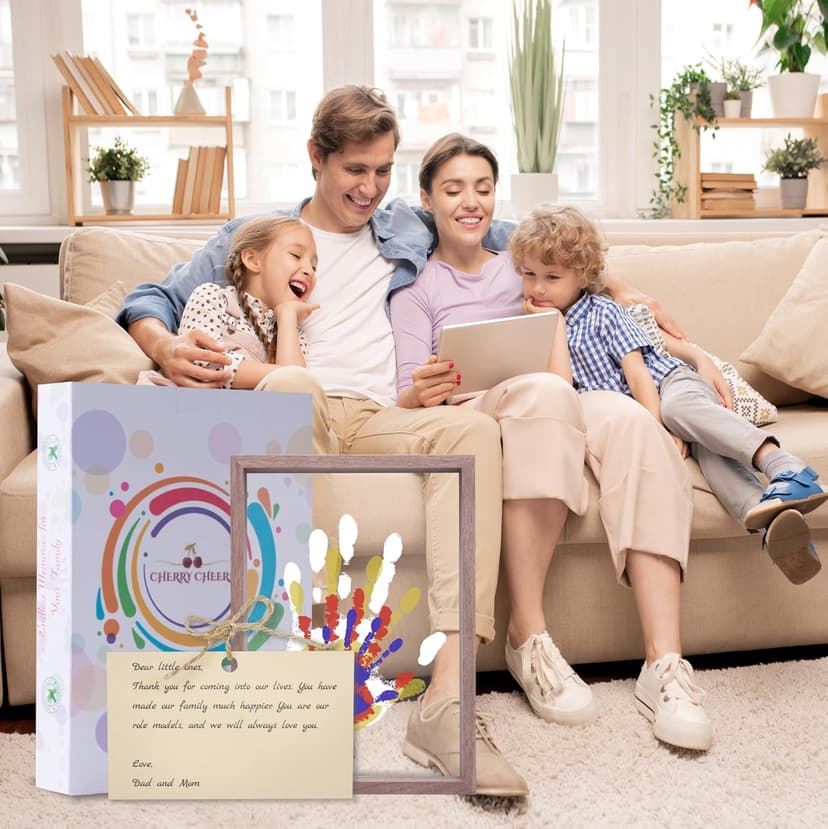 Family Handprint Kit, DIY Craft Keepsake Wooden Frame, Endless Gift Set, Non-Toxic Paints, Transparent Sheets (Brown)