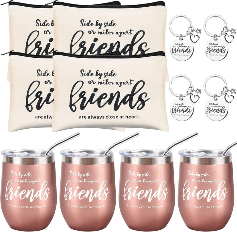 Kolewo4ever 12 Pieces Girl Trip Gifts Favors Bulk Friend Appreciation Gifts Set 4 Friends Wine Tumbler 4 Friends Cosmetic Bag 4 Keychains Appreciation Funny Long Distance Friendship Gift