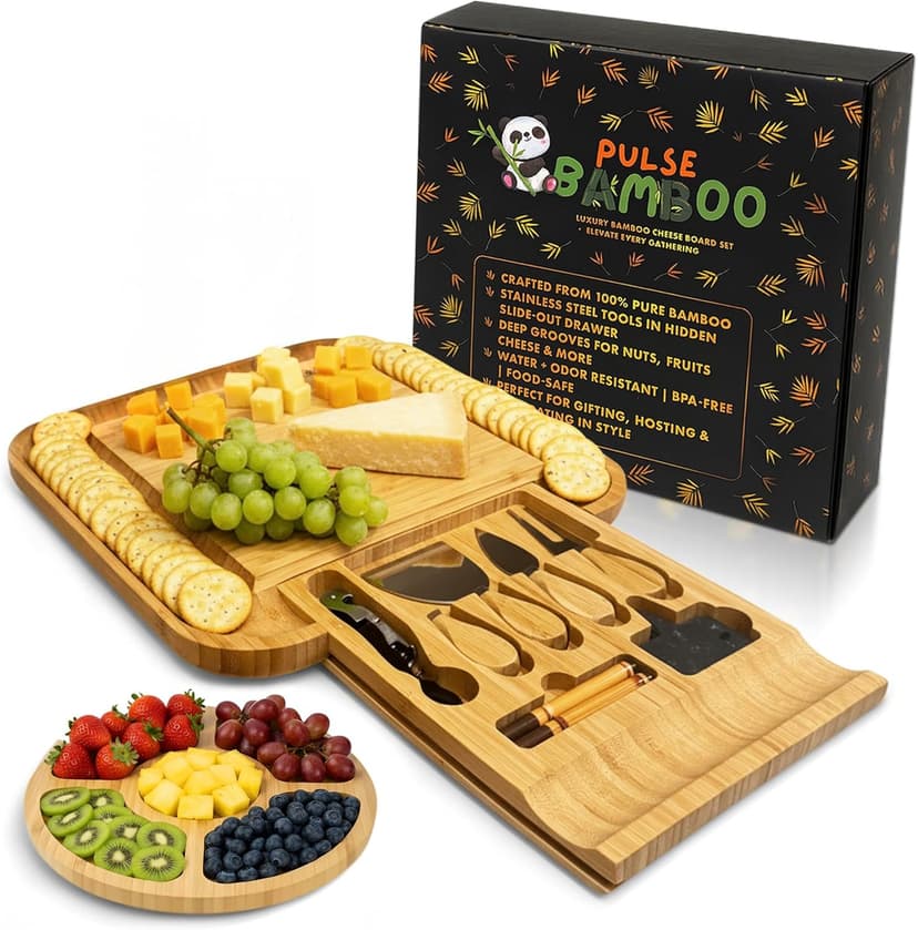 Charcuterie Board Set – Premium Bamboo Cheese Board with Slide-Out Knife Drawer – Complete Hosting Set for Wine Nights & Parties – Perfect Housewarming Gift and Wedding Gift for Couples
