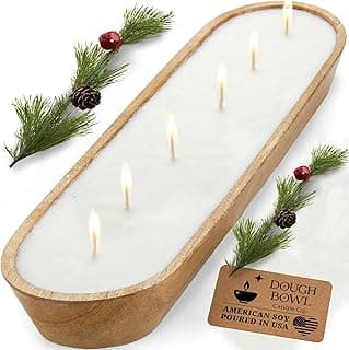 Dough Bowl Candle Co. Christmas Tree Soy Candle - 6 Wick Rustic Farmhouse Decor Odor Eliminator in Ornamental Wooden Bowls, 32 Ounce All-Natural Gifts for Women and Men, Wooden Decor Dough Bowls