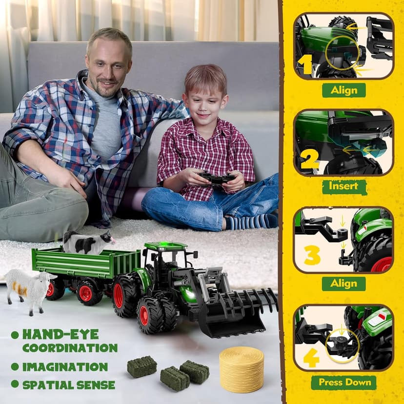 Remote Control Tractor Toy, Kids RC Tractor Set & Truck and Trailer Front Loader - Metal Car Head/8 Wheel/Light, Toddlers Farm Vehicle Toys for 3 4 5 6 7 8 9 Year Old Boys Girls Birthday Gift