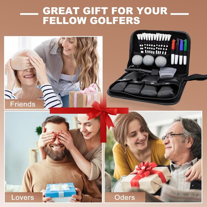 Golf Accessories for Men and Women, Golf Gifts for Him with Leather Case, Golf Brush, Golf Balls, Golf Tees, Golf Ball Clamp, Golf Divot, Golf Ball Line Marker Tool,Golf Ball Marking Stencils