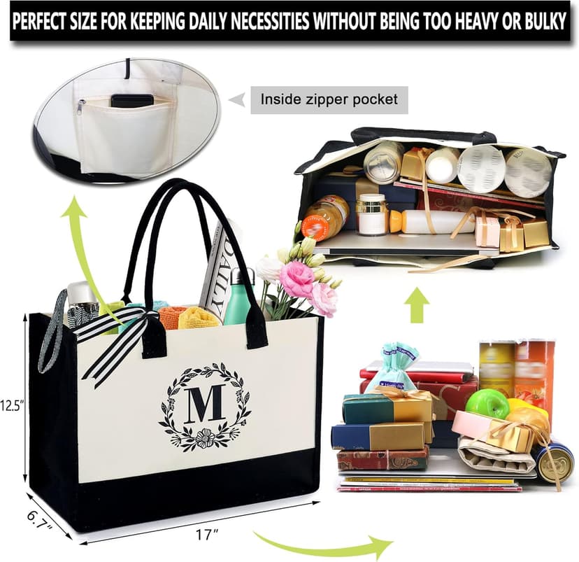 BeeGreen Embroidery Monogram Initial Tote Bag for Women Teacher Mom Friend Personalized Gift for Birthday Beach Wedding Work