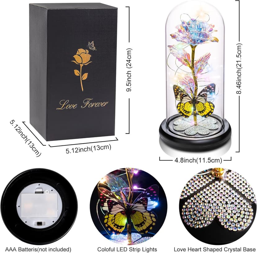Birthday Gifts for Women Mom, Galaxy Glass Rose Forever Eternal Crystal Flower Light Up Rose in Glass Dome with Butterfly Mothers Day Christmas Rose Gifts for Her Wife Daughter Friends Colorful