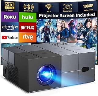 Projector with WiFi6 and Bluetooth5.3 - [High Brightness/Electric Focus]Outdoor Movie Projector and Screen,YOWHICK Portable Smart Home Projector 1080P 4K Supported for Movie Night/Home Theater/Bedroom